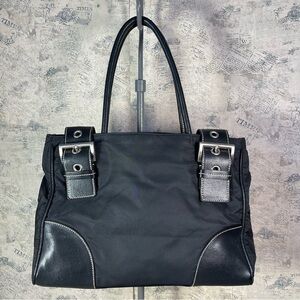 PRADA Vintage Tessuto Nylon Leather Trim Shoulder Bag Black Made in Italy